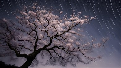 Sakura tree blossoming with pink petals and branches reaching towards a star studded night sky, AI