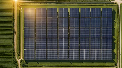 Top down aerial view of a photovoltaic plant arranged in symmetric rows, AI generated