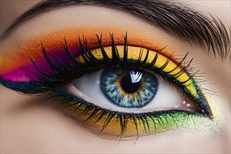 Close up of eye featuring vibrant colored eyelids with intense eye shadow, AI generated