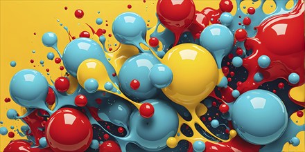 Abstract image with vibrant blue and red blobs and liquid shapes on a yellow background, AI