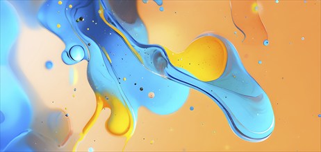 Abstract wallpaper with colorful turquoise and yellow blobs and liquid shapes on a orange