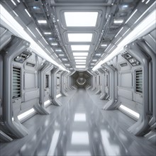 Three dimensional render of futuristic corridor inside a spaceship or space station, AI generated