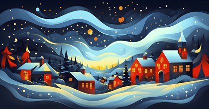 Cozy winter night scene with abstract forms representing a snow-covered village, AI generated