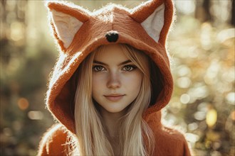 Young blond woman wearing a fox sweater with ears in autumn forest. Generative Ai, AI generated