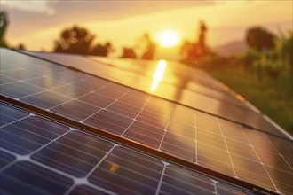 Close up of solar energy panels win sunset sun in background. Generative Ai, AI generated