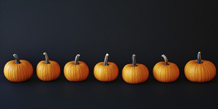 Orange pumpkins in a row on black background. Generative Ai, AI generated