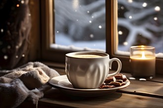 Coffee cup on a plate by a snow covered window creating a cozy winter feeling, AI generated