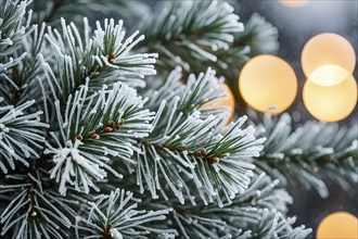 Frost-covered pine branches with delicate snowflakes in soft light, AI generated