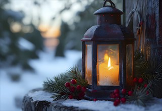 Rustic lantern with a flickering candle inside, surrounded by sprigs of pine and red berries,