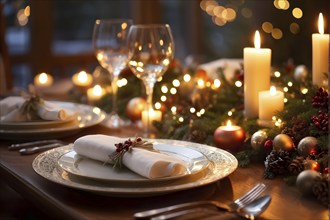 Close up of Christmas dinner table with traditional festive foods and ambient candlelight, AI