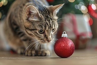 Curious cat looking at red Christmas tree bauble. Generative AI, AI generated