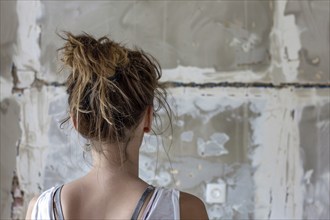 Young woman looking at old run down wall in need of renovation. Generative AI, AI generated