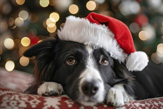 Cute Collie dog with red santa hat in front of christmas tree. Generative Ai, AI generated