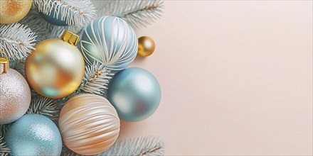 Christmas banner with blue and yellow bauble ornaments on tree. Generative AI, AI generated