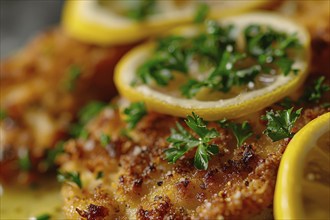 Close up of German Schnitzel, a breaded fried slice of meat with lemon slices. Generative Ai, AI