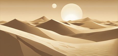 Abstract desert scene with triangular sand dunes and a single circular sun, using sharp lines and