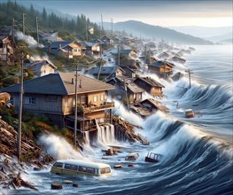 A monster wave, a tsunami, floods and destroys the houses of a village, climate change, climate