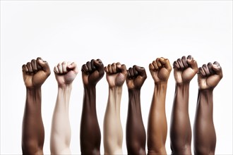 Raised fists of different skin colors on white background. KI generiert, generiert AI generated