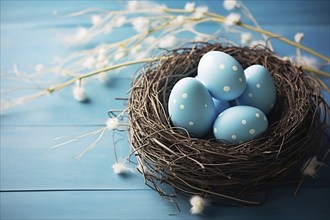 Blue Easter eggs with shite dots in nest. KI generiert, generiert AI generated