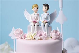 Wedding cake topper with gay male grooms. AI generated