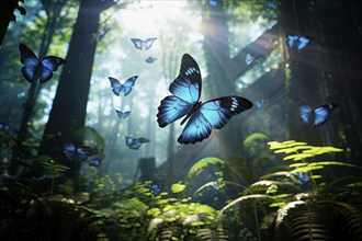 Big group of stylized blue monarch butterflies flying in a natural forest environment, AI generated