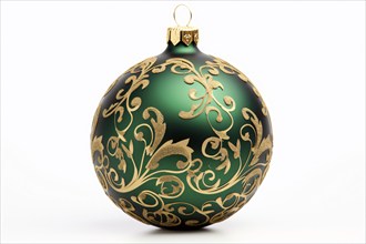 Single greena nd golden Christmas bauble ornament on white background. KI generiert, generiert AI