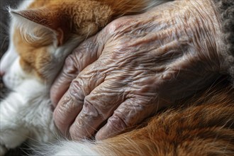 Close up of old senior person's hand in cat fur. KI generiert, generiert, AI generated