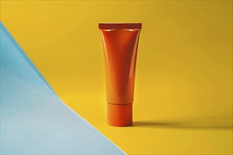 Orange sunscreen tube on yellow and blue studio background. KI generiert, generiert, AI generated