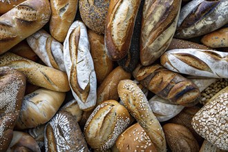 Top view of many different types of bread. KI generiert, generiert, AI generated