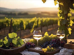 AI generated wine tasting table setup with wine and vine grapes nestled subtly amidst a thriving