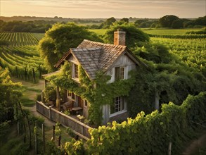 AI generated aerial view of a rustic vineyard cottage nestled amidst lush summer colored vine