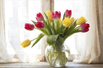 Vase of vibrant tulips aligned on an aged oak wood table, AI generated