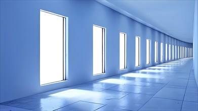 Windows aligned within an elongated tunnel permeated with gradients of light blue hues, AI