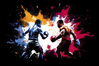 Illustration of dynamic boxing fighters mid action on a vibrant splash paint background, AI