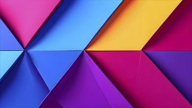 Illustration of abstract geometric flat lay composition of papers in hues of purple yellow magenta