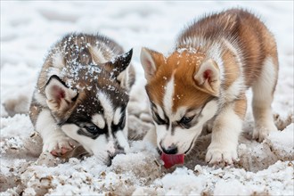 Two cute Alaskan Husky pups licking snow, AI generated