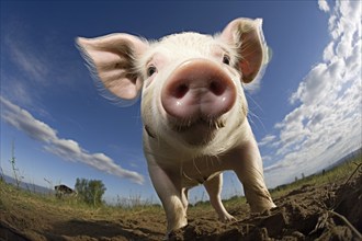 Funny fisheye perspective closeup of young pig on meadow with blue sky in background. KI generiert,