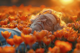 An elderly man lies relaxed in a meadow, surrounded by crocus blossoms, resting and enjoying the