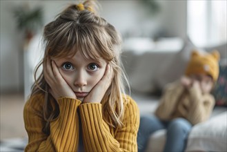 Young stressed girl child with sibling in blurry background. KI generiert, generiert, AI generated