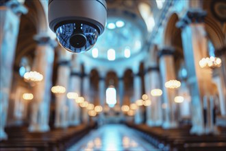 A surveillance camera, CCTV, in a church, protection against vandalism, AI generated, AI generated,