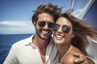 Happy young couple on holidays on private yacht or cruise ship with ocean and blue sky in