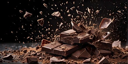 Milk chocolate bar exploding into fragments against a dark backdrop, AI generated