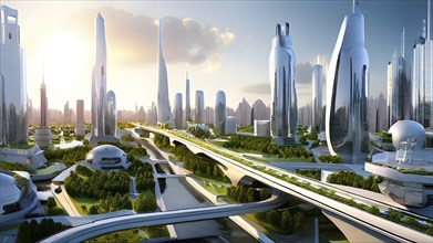 AI generated virtual reality tour highlighting a state of the art futuristic cityscape with