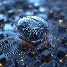 Human brain intricately interlinked with the circuits of a computer board symbolizing artificial