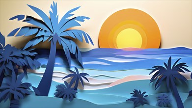 Minimalistic paper art illustration of a tropical beach with blue ocean and palm trees, AI