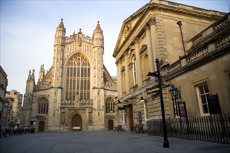 The Abbey and Pump Rooms late evening sun, Bath, Somerset, England, UK