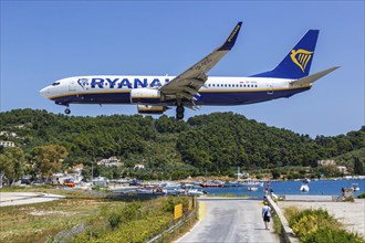 A Ryanair Boeing 737-800 aircraft with the registration SP-RSG at Skiathos Airport, Greece, Europe