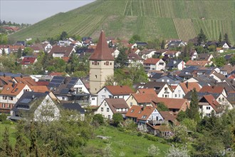 View of Korb-Steinreinach with church tower, solar, photovoltaics, Rems Valley, Baden-Württemberg,