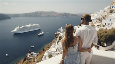 Young vacationing adult caucasian couple enjoying the view from santorini Greece, generatvie AI, AI