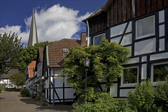 The old town centre with half-timbered houses and the church tower of Sankt Viktor, Schwerte, Ruhr